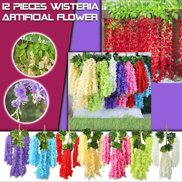 Fiori decorativi cestini artificiali con wisteria di seta foldhy sospeso (ogni pezzi Flower Vine 12 Drapie per gli archi di nozze