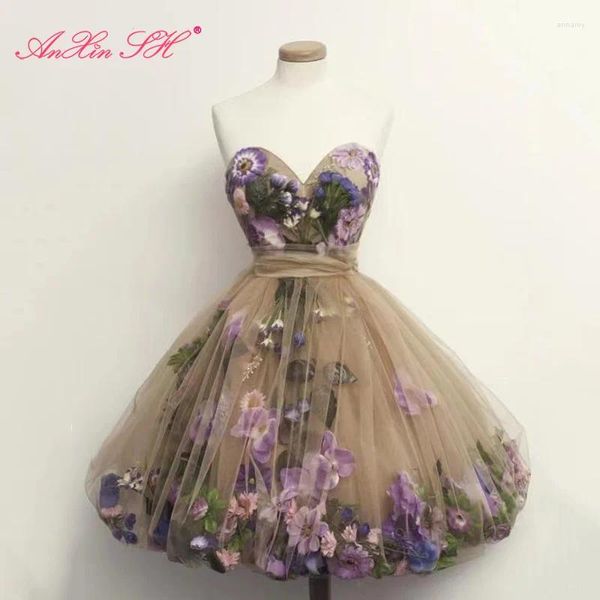 Vestidos de festa Ansin Sh Princesa Purple Daisies Strapless Champagne Lace Ball vestido de noite Vestido de noite vintage Rosa Verde Folha Little Branca