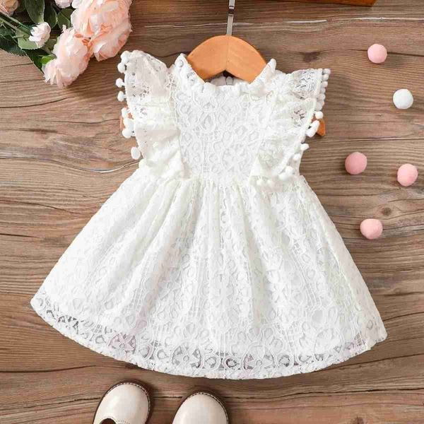 Abiti da ragazza estate New baby Girl Color Solid Flying Maniche abiti da principessa Abito in pizzo Small Ball Spect Dress D240425