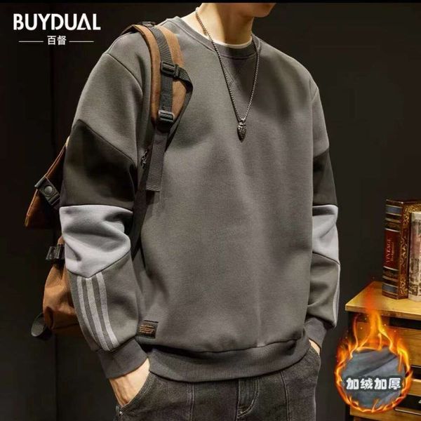 Trendy Marke Patchwork Round Neck Hoodie für übergroße neue Winterstile für lange Ärmeln mit plüschiger und verdickter Oberkleidung von Männern