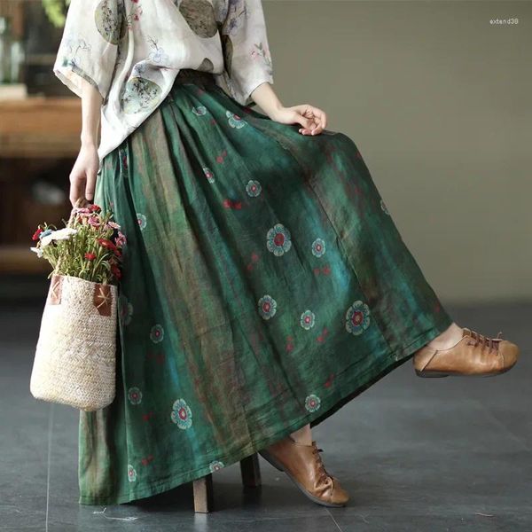 Gonne in stile etnico retrò stampato floreale estate ramie gonna elastica bohémien grande swing long per donne midi faldas para