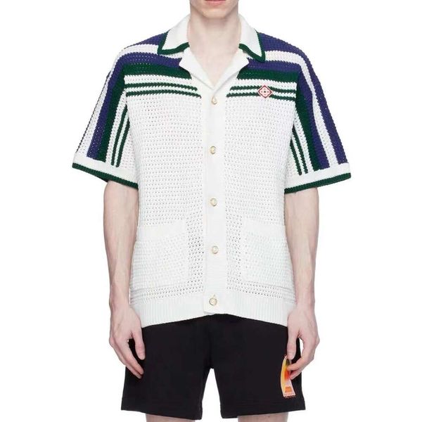 24SS Casa bulca nova designer lã malha de malha masculino e mulheres casal casal roxo e branco contraste de férias lazer havaiano de mangas curtas Cardigan suéter Casabulc tops