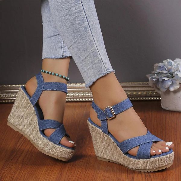 Frauen Keil High Heel Peep Zehen Sandalen Blau Jeans Buckle Plattform Frau Sandalen Damen Hanf allein Sommerschuhe Espadrilles 240419