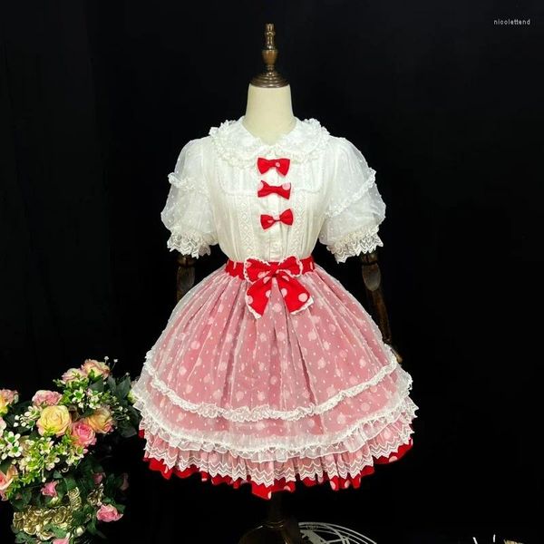 Saias mulheres doces kawaii lolita estilo mini polka ponto impressão malha retchwork chiffon saia curta garotas elegante fofo arco de renda