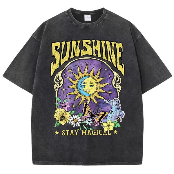 Güneş ışığı mizahi güneş ayı çiçek kelebek parti kadınlar en iyi spor gündelik tişört yıkanmış moda giysiler pamuk gevşek kısa kol 240424