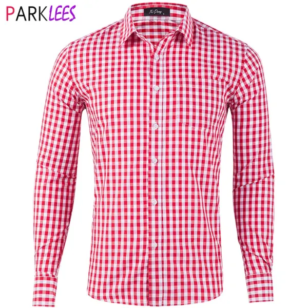 Slippers masculino clássico Gingham Casa Casual Casual Slim Fit Button Button Down Camisetas Business Office Work Brand Shirt