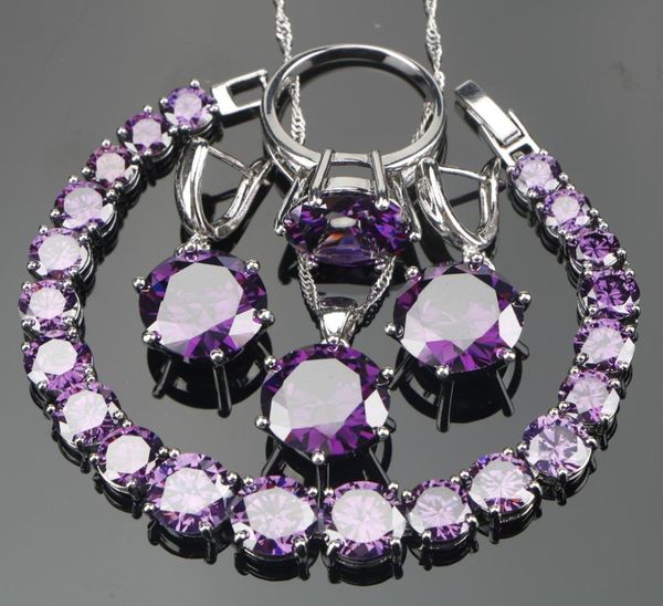 Whole Wedding Purple Zircon Silver 925 Jóias Conjuntos de Jóias Brincos com Stones PingenCecklace Rings Set Jewellery Gift B3527151