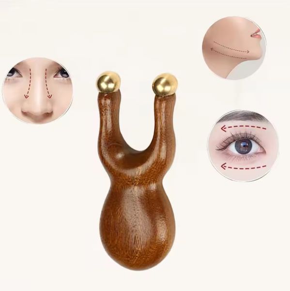 Kupfer- und Holz Gua Sha Kamm y -förmiges Gesichtshebe Nasenkratzer Massage Stick Nasenauslöser Guasha Werkzeug Augen Meridian Massag Bast