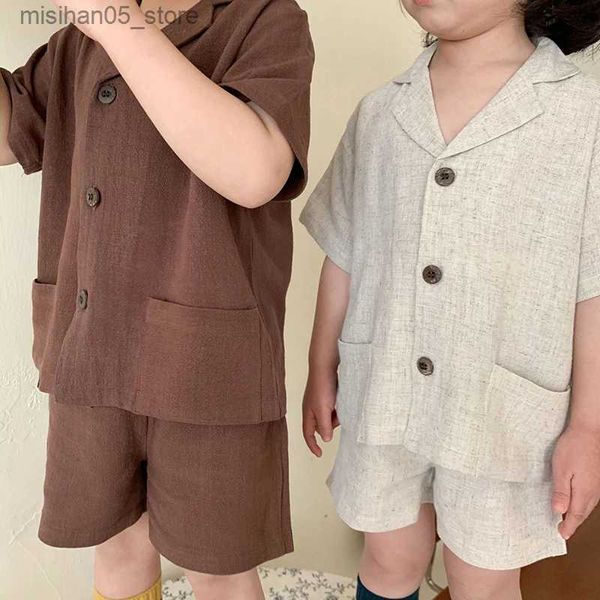 Roupas conjuntos de roupas coreanas de 1 a 6 anos de idade e garotas conjuntos de roupas de linho de algodão Cardigã de mangas curtas+conjunto de roupas de verão de mangas curtas Q240425