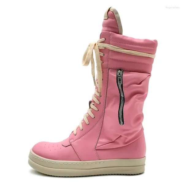 Boots Woman Lace de couro genuíno Up Mid-Calf Motorcycle Casual Sneaker Riding Girls Girls Pink Casal Shoes