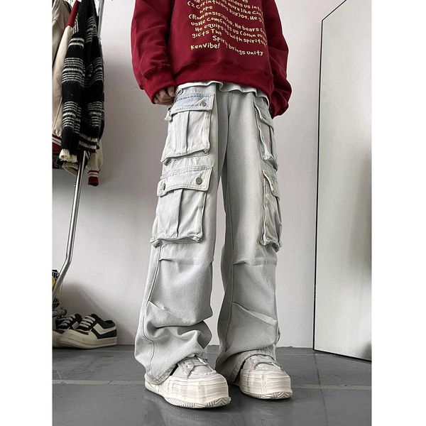 Erkekler Kot Hafif Mavi Kargo Kot Patchwork Düz Rahat Pantolonlar Erkek Piller Hip Hop Street Giyim Gevşek Moda Pantolon 240423