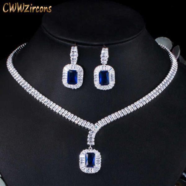 Bling Square Drop темно -синее кубическое ожерелье циркона и ювелирные украшения для свадебных невест T507 2107141739524