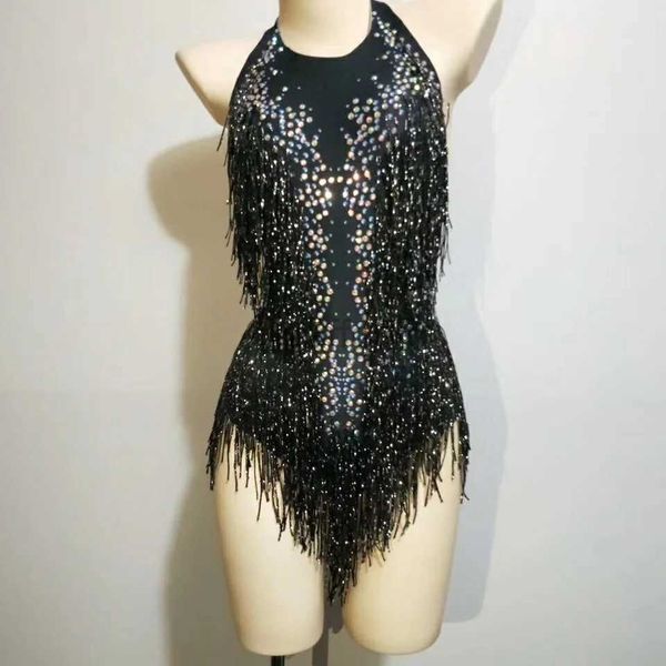 Sahne Giyim Drag Bodysuit Kadın Kıyafet Siyah Altın Fringe Rhinestone Vücut Takım Leotard Sırtsız Latin Cha Stage Wear D240425