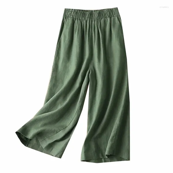 Frauenhose lässige Baumwollwäsche Pant Frauen Lose feste Taschen Elastische Taille Weitbein Hosen Ladies Sommer Elegantes Büro