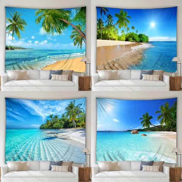 Taquestres de tapeçaria de praia de praia moderna ondas 3D Modern Plantas tropicais Palm Tree Tree ao ar livre Decor de dormitório Decoração de decoração de fundo tecido