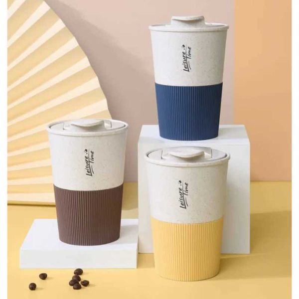 Bicchieri tazza di caffè portatile tazza a doppia parete di grano a mosca materiale di viaggio in plastica con coperchio per donne che bevono regalo H240425