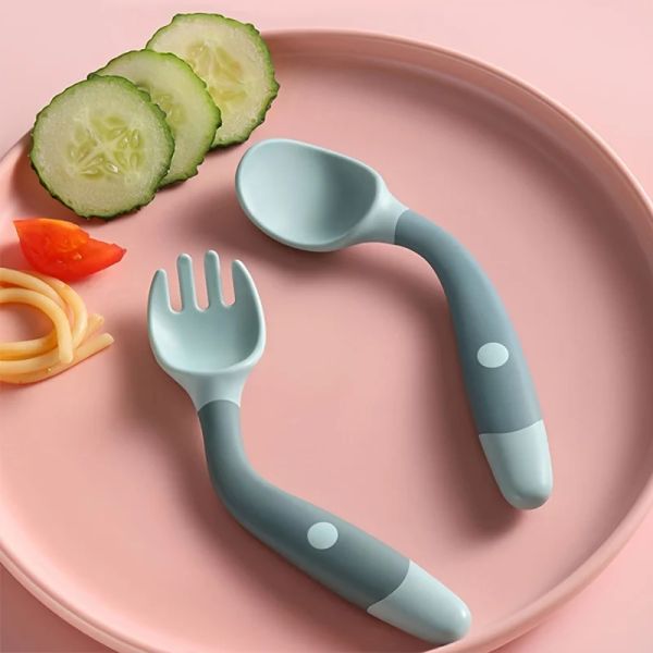 Alimentação Bendable Twist Baby Fork and Spoon Conjunto Aprenda a comer Treinamento Tableware Silicone PP Soft Soft Bendable