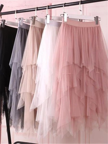 Юбки 2024 Корейская летняя осенняя женщина нерегулярная мода мода эластичная сетчатая юбка сетка сетки