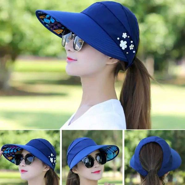 Ballkappen großer breiter Krempe Top leere Frauen Sommerhüte Blumenperlen Anti-UV-Floppy Faltbare Sonnenhüte Outdoor Beach Tour Visor Baseball Cap J240425