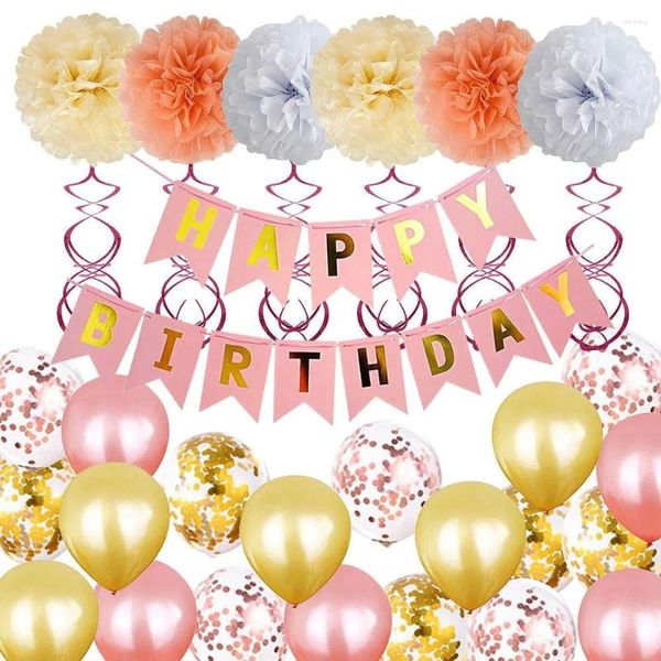 Decoração de festa Feliz Aniversário Balões Banner Garland e Pom Poms Flâmicas de giro para crianças chá de bebê