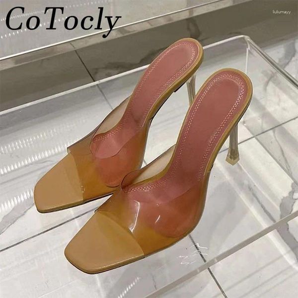 Slippers Sexy High Heels Mulher Mulher Transparente PVC Mules Square Peep Toe Runway Shoes Ladies Summer Bomba