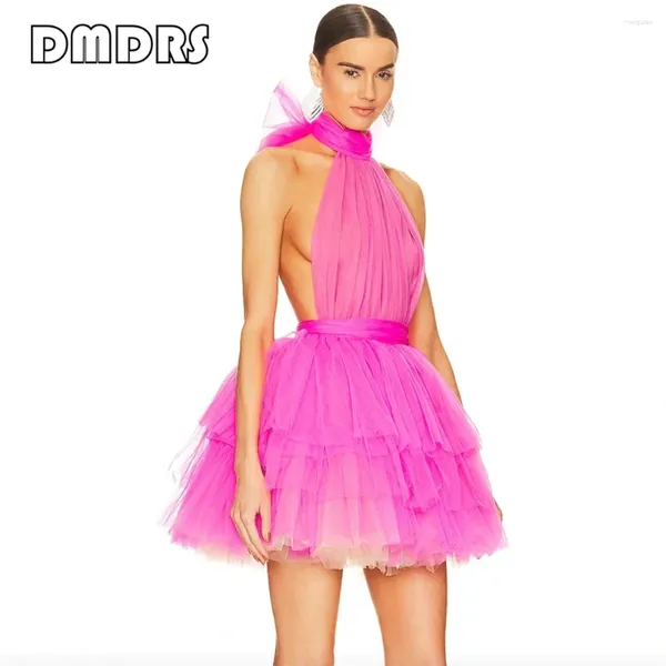 Abiti casual Mini abito di tulle alla moda per donne rosa sexy cravatta da prua cocktail club club club femminile