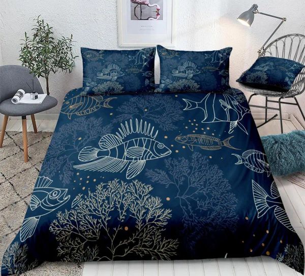 Set di pesci e biancheria da letto alghe set copripiumino ocean set regina reapratura marittima cuscino blu navy blu lettiere decorazioni camera da letto