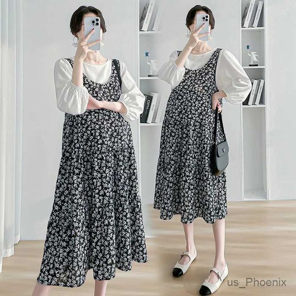 Mutterschaftskleider koreanischer Stil Schwangere Frau Lose A-Line Blumenkleid mit weißen Hemden Zwei-teilige Set Plus Size Mutterschaft Kleidung Set Kleideranzug