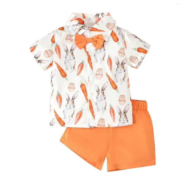 Kleidungssets Kleinkindjungen Reply Short Sleeve Print Shirt und SolidColor Shorts mit Krawatte für Sommeroutfits