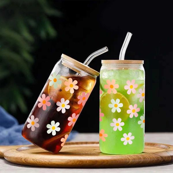 Tumbler 16oz Schmetterlingsblumen 3D -Druck -Trinkglas Dose Masonglas mit Bambusdeckel Stroh für Eis Juice Kaffee Soda Wasserflasche H240425