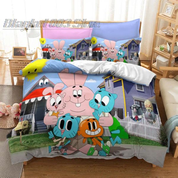 Conjunto incrível World Gumball 3D Set de cama impressa Darwin Anais Tampa de edredom rei Rainha Tamanho duplo completo para decoração do quarto