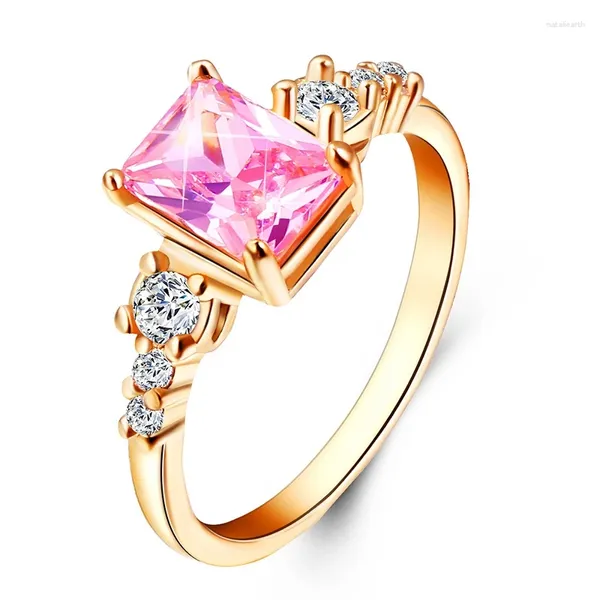 Mit Seitensteinen Qcooljly romantische rosa Farbe quadratische Kristallfinger Ringe trendy Gold Silber Kubikzirkonia Hochzeit für Frauen Schmuck