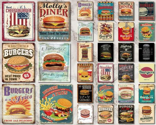 Hamburger Metal Sign Plaque Metal Vintage Fast Food Decor per cucina Cafe Bar Burger Segnale di metallo20x30CM6455699