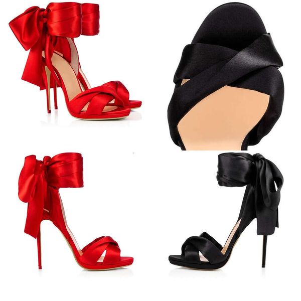 Sale-Summer Heiße Abendkleiderschuhe Sandalen Peepzes Roter Satin Bowtie Stiletto Heel T Show Schuhe