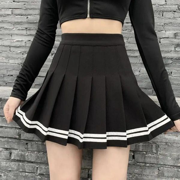 Saias elásticas da cintura alta saia plissada mulher preto cinza curto A-line para mulheres de verão jk uniforme mini