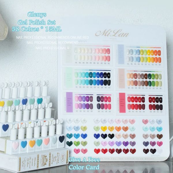 Polish Glenys Nuovo smalto solido Macaron 58pcs Love Bottle a vernice mista Semi permanente Design per la nail art immerge Gel all'ingrosso