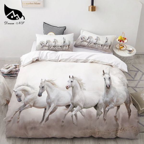 Set Dream ns 3pcs Nuovo cavallo moderno Animale Black White Set Set Cucero di copertura Duve Copertina Set di biancheria da letto con pioggia