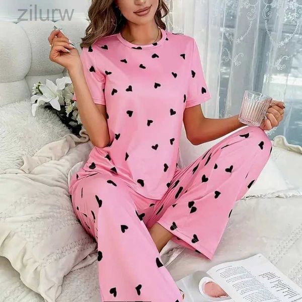 Seksi Pijama Kadın Yaz Sweetwear Kalp Baskı Pijama Set Kısa Kollu Üst ve Elastik Bel Bandı Pantolon Rahat Uyku ve Uzanma D240425