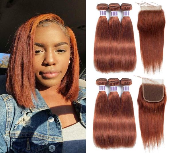 Cabelo virgem brasileiro 3 pacotes com fechamento de renda 4x4 33 Auburn Red Color Red Pacéis de cabelo humano reto e sedosos com fechamento PR4361702