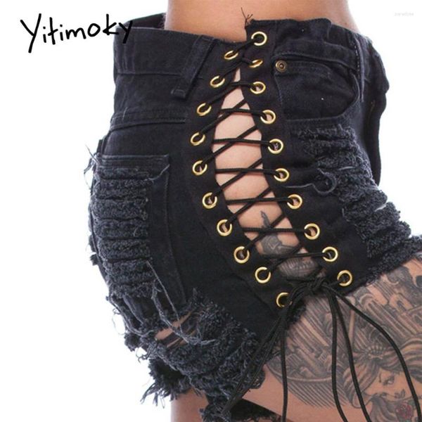 Frauen Shorts Yitimoky Gothic Jeans Verband Schwarzes Loch Sexy Mode Summer Slim Ripped Jeans Kurzhose Schnürung Goth lässig