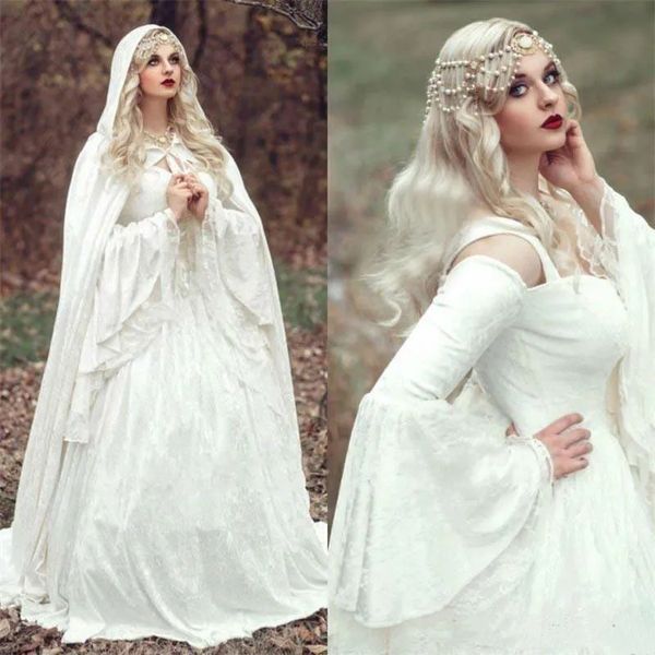 Abito da sposa abito da sposa ad avorio fantasy con avvolgimento del cappuccio 2024 maniche lunghe di bagliori medievali abito da sposa in pizzo