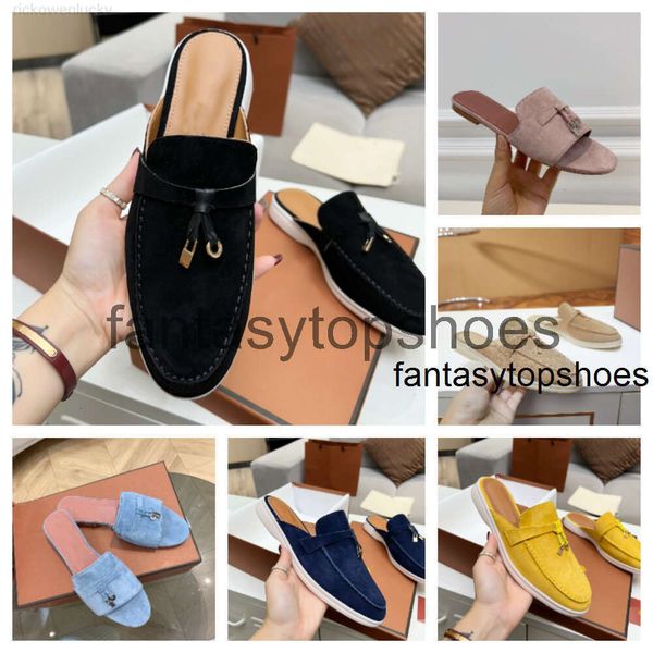 Loro piano lp camurça desliza sapatos embelezados encantos de designers chinelos de luxo sandálias vermelhas sapatos de dedão genuíno de dedos casuais para o fundo branco mulheres yw9g