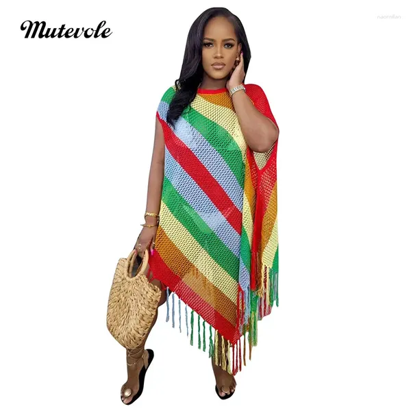 Minevole Frauen unregelmäßige lose Fransen Quaste Cover Up Multi -Color Summer Beach Kleid sexy hohl aus Striped Badebode