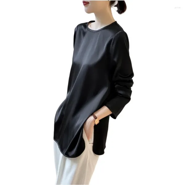 Blusas femininas 2024 Camisa de manga longa redonda de cetim com fundo de botão e botão traseiro, design de roupas femininas