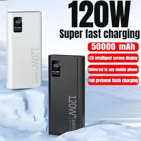 Bank 50000 MAH Power Bank 120W Süper Hızlı Şarj% 100 İPhone Xiaomi Huawei Samsung için Yeterli Kapasiteli Taşınabilir Pil Şarj Cihazı