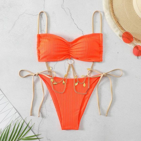 Swimwear femminile sexy metallo catena in metallo arancione brasiliano brasiliano bandeau t-back costume da bagno femminile biquini 2024 perizoma set da bagno da bagno