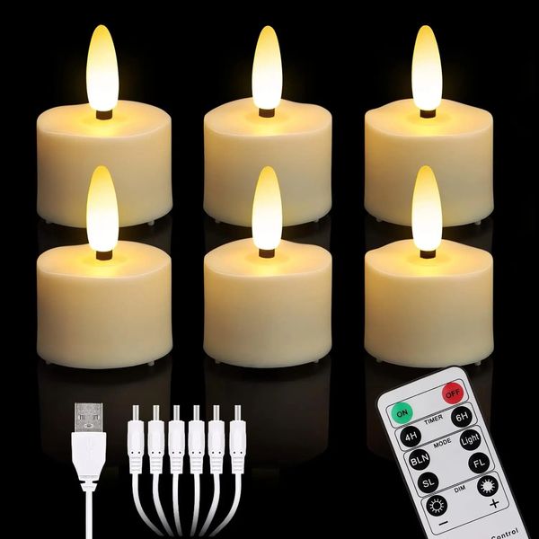 Pacote de 6 controlados remotos com timer led chá Light Light USB recarregável Tealight