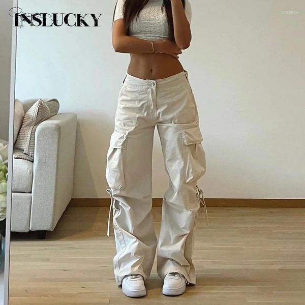 Frauenhose Inklucky Vintage Folds Big Pocket Straight Cargo Frauen High Street Casual Hohoser losen Verband breit Bein Sommer