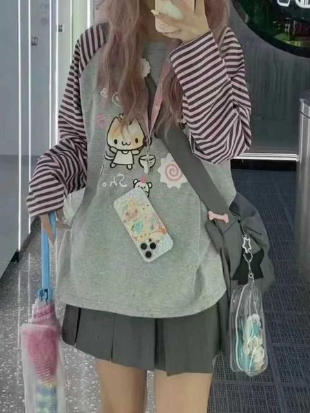 Herren Hoodies Sweatshirts Houzhou y2k Harajuku Kawaii Striped Hoodie Frauen Japanische Modes Patchwork Cartoon Print Sweatshirt Weibliche Herbst 2023 Neu in 240424