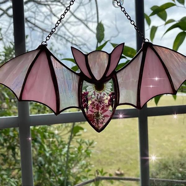 Estatuetas decorativas Halloween Bat Stained Glass Suncatcher Janela pendurada Ornamentos de bola de arte de parede acrílica